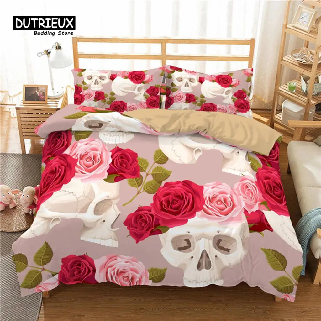 Red Rose Skull Floral Bedding Set Skeleton Flowers Green Leaves Print Duvet Cover Horror Theme Comforter Cover With Pillowcases