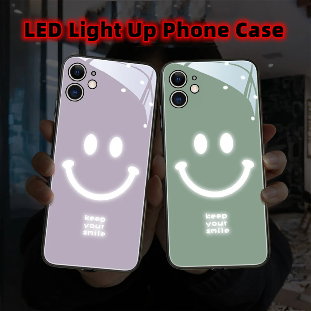 

Keep Smiling Tempered Glass Glitter Cover LED Light Up Glowing Luminous For XiaoMi 13 12 11 Pro Ultra RedMi K60 K50 K40 Poco F3