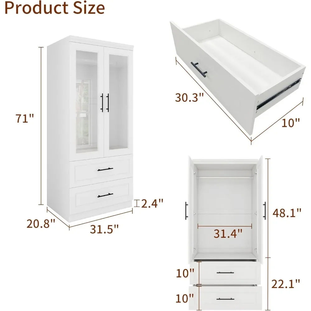 Armoire Wardrobe Closet with 2 Glass Closet Doors, 71