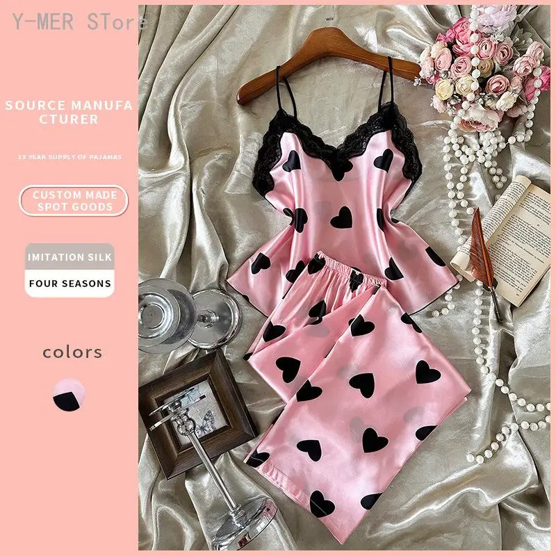 Women New Ice Silk Pajamas Breathable Heart Print Thin Comfort Spaghetti Strap Cami and Shorts Homewear Sleepwear
