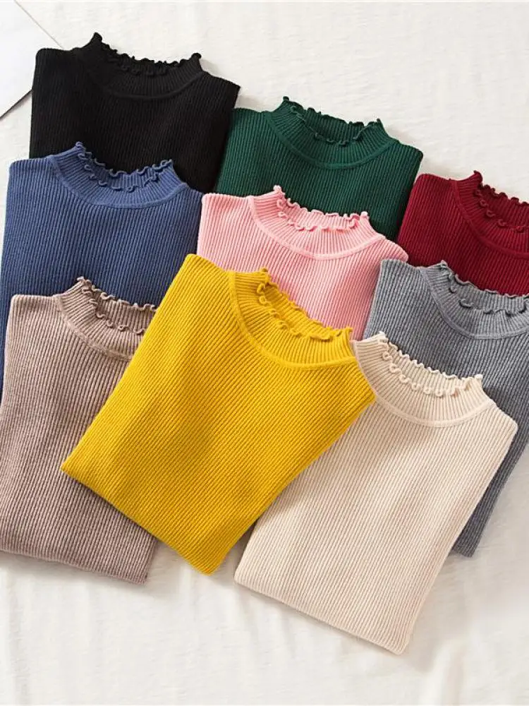 Mock Neck Clothes Knitted Woman Sweaters Pullovers Autumn Winter Basic Women\'s Jumper Slim Somen\'s Sweater Pull Long Sleeve