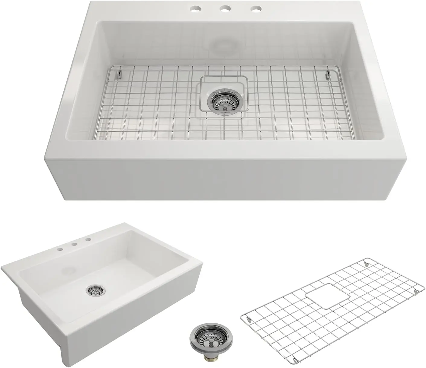 

BOCCHI Nuova Apron Front Drop-In Fireclay 34 in. Single Bowl Kitchen Sink with Protective Bottom Grid and Strainer in White