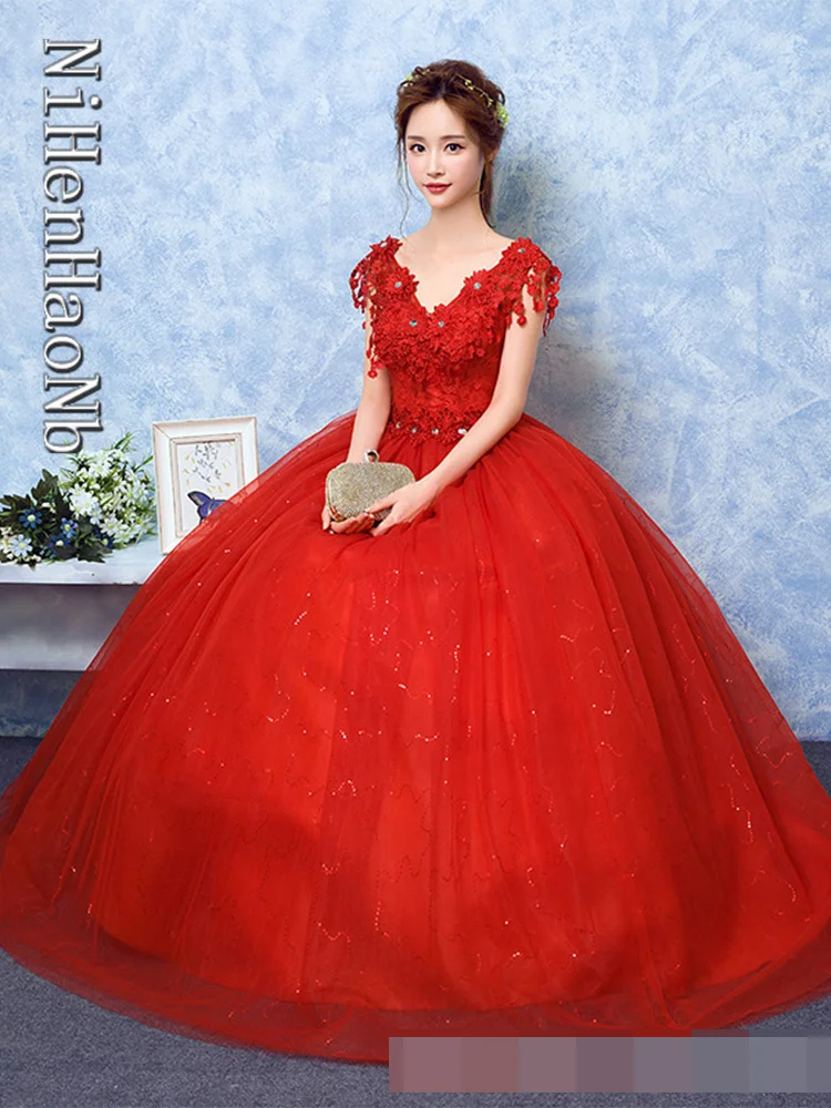 Robe de Mariée Rouge en Dentelle Brodée, Tenue de Bal Vintage, Col en V, 2023