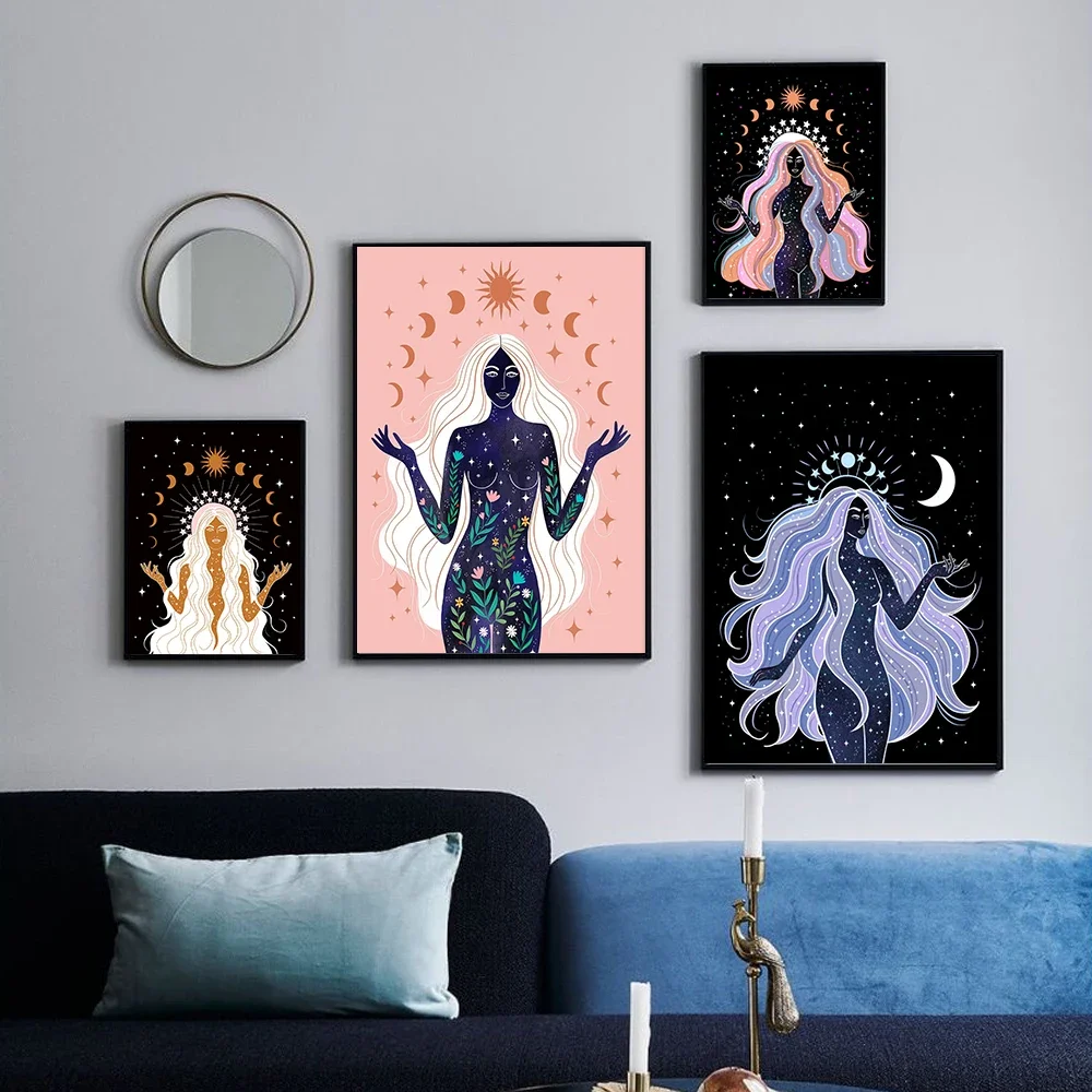 Boho Witch Earth Celestial Body Star Moon Sun Goddess Poster Painting and Printmaking Nordic Modern Living Room Home Decoration