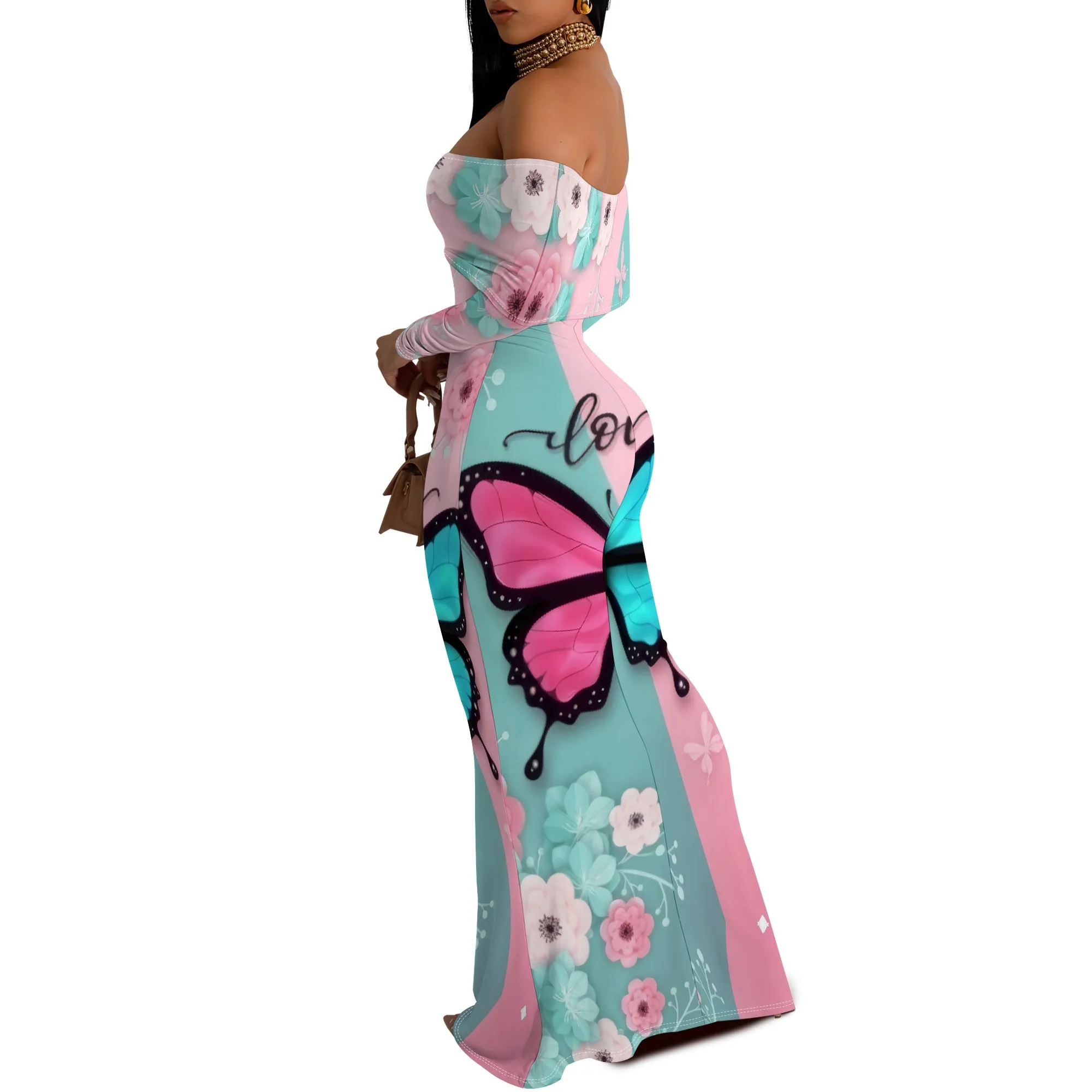 فستان ماكسي بأكمام طويلة مكشوف الأكتاف مزين بالزهور على شكل فراشة - ملابس منتجع نسائية رومانسية للحفلات المسائية #3