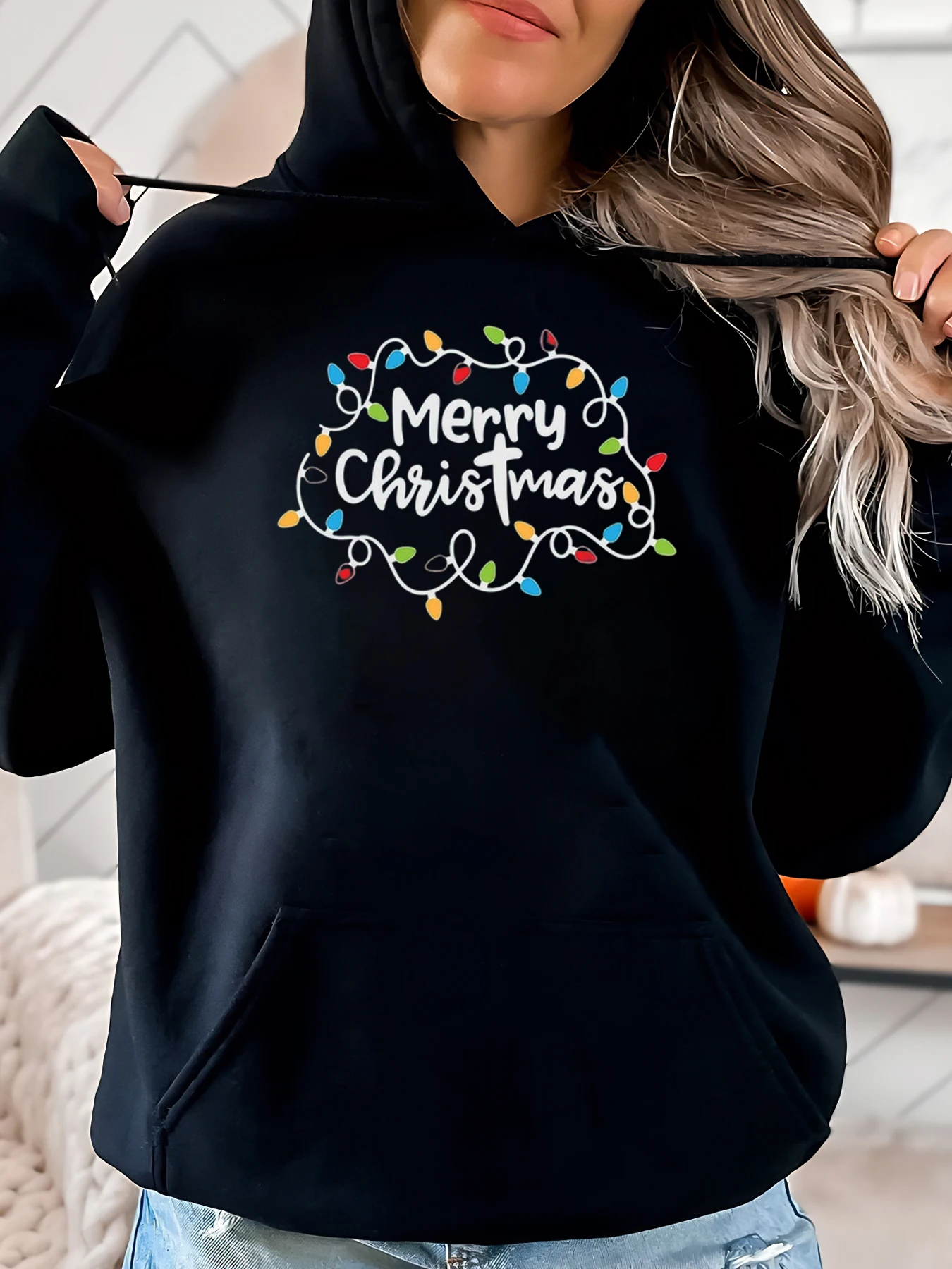 

Merry Christmas Lights Print Hoodie Holiday Sweatshirt Women Casual Winter Outfit Black Plus-Size