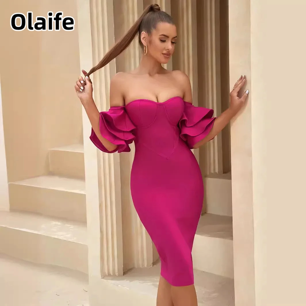 

Olaife Sexy Short Women Off Shoulder Ruffled Short Sleeves Satin Cocktail Dress for Women Elegant Party Ruched Formal Dress