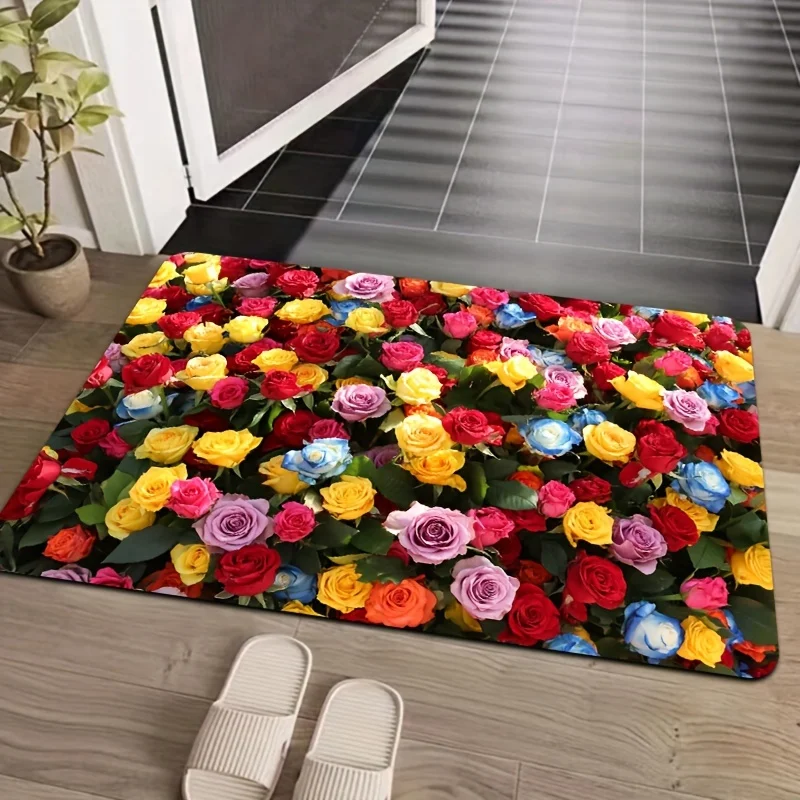 Multicolor Rose Pattern Soft Carpet Bathroom Non-silp Doormat Suitable for Living Room Entrance Decorations and Accessories Pad