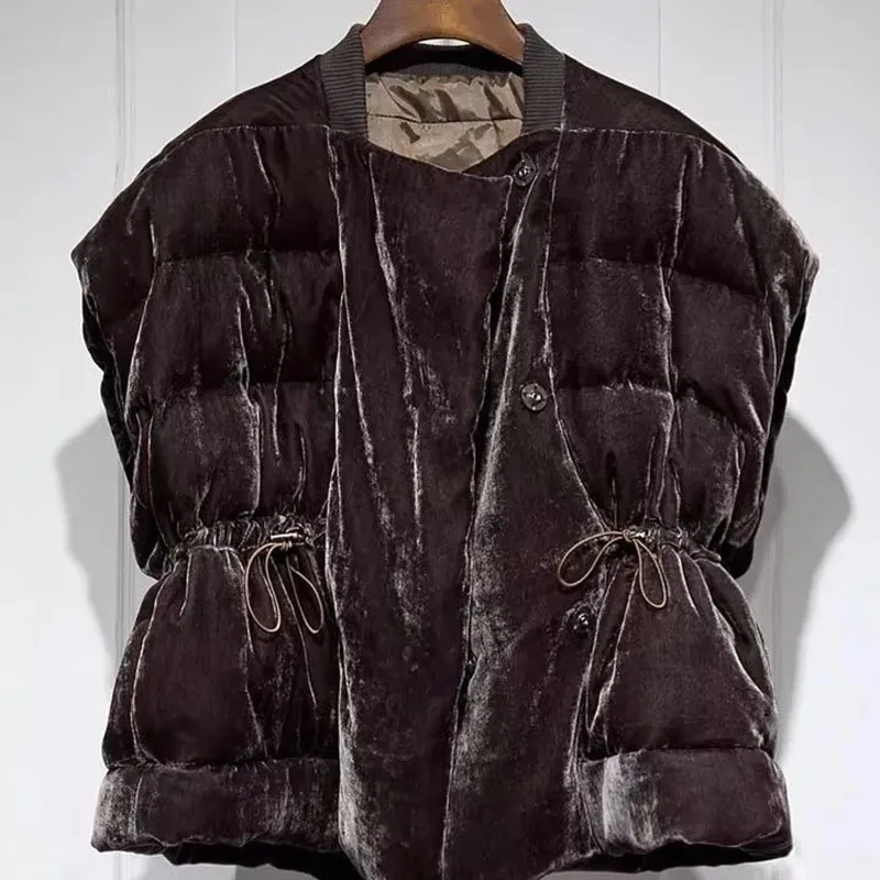 

Винтажная бархатная куртка без рукавов, осенне-зимняя мягкая теплая женская куртка, коричневая толстая майка с завязками на талии, верхняя одежда