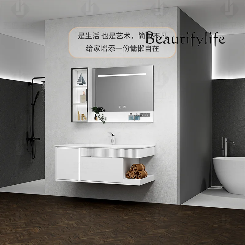 Solid wood paint bathroom cabinet rock slab hot bending integrated basin toilet washbasin French cream wind