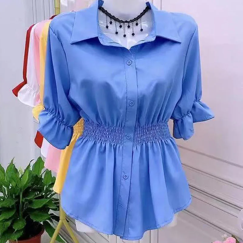 Korean All-match Solid Color Waist Slim Shirt Summer Women\'s Clothing Casual Fashion Turn-down Collar Button Blouses for Female