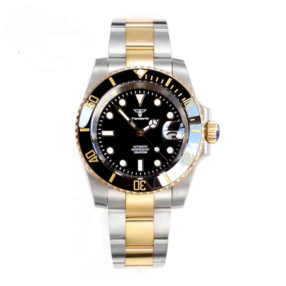 Tandorio 40mm Two Tone Business Men Watch Sapphire Glass Luminous NH35 Automatic Mechanical Date Wristwatch Glide Clasp Date