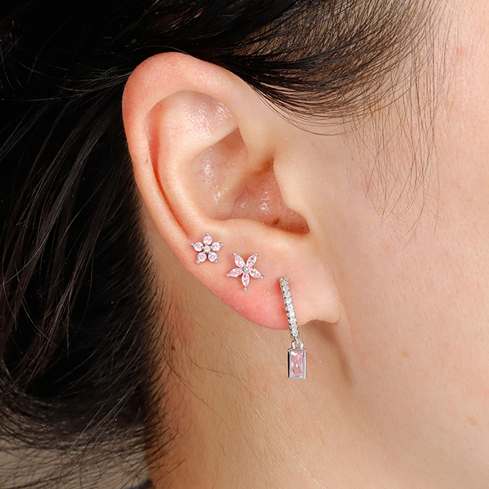 3pcs Stainless Steel Square Pink Zirconia Earrings Set For Women Small Helix Screw Cartilage Piercing Party Jewelry Accessories