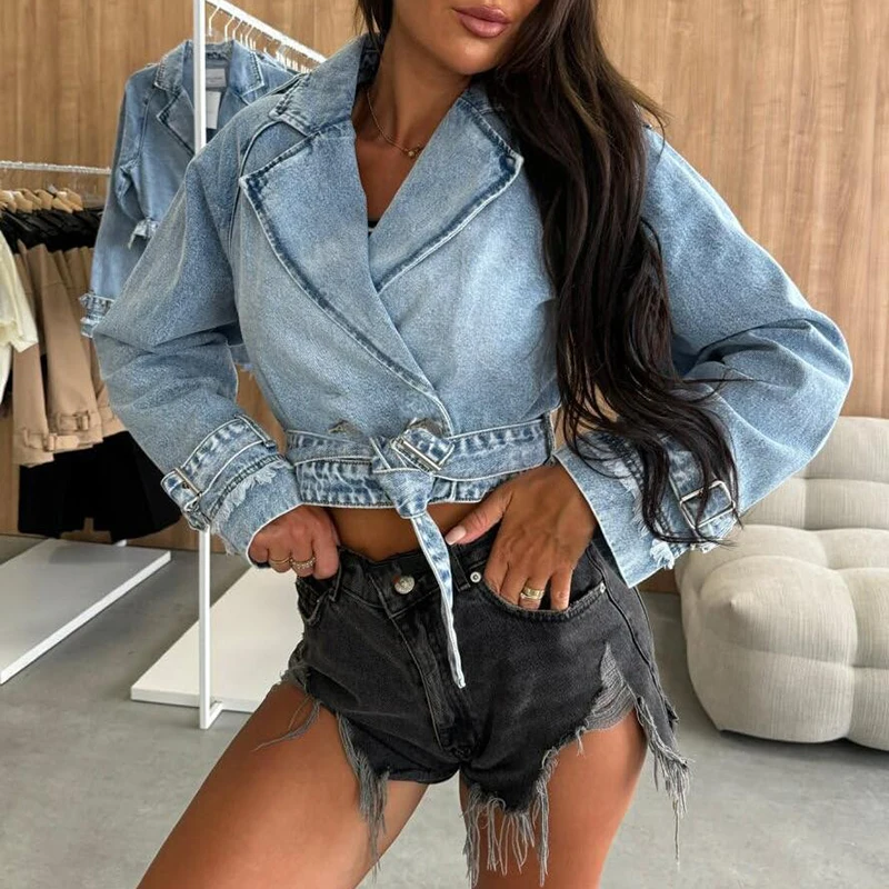 Retro Streetwear Casual Daily Coat Women Solid Denim Crop Jacket Cardigan Lapel Double Breasted Belted Long Sleeve Top Outerwear