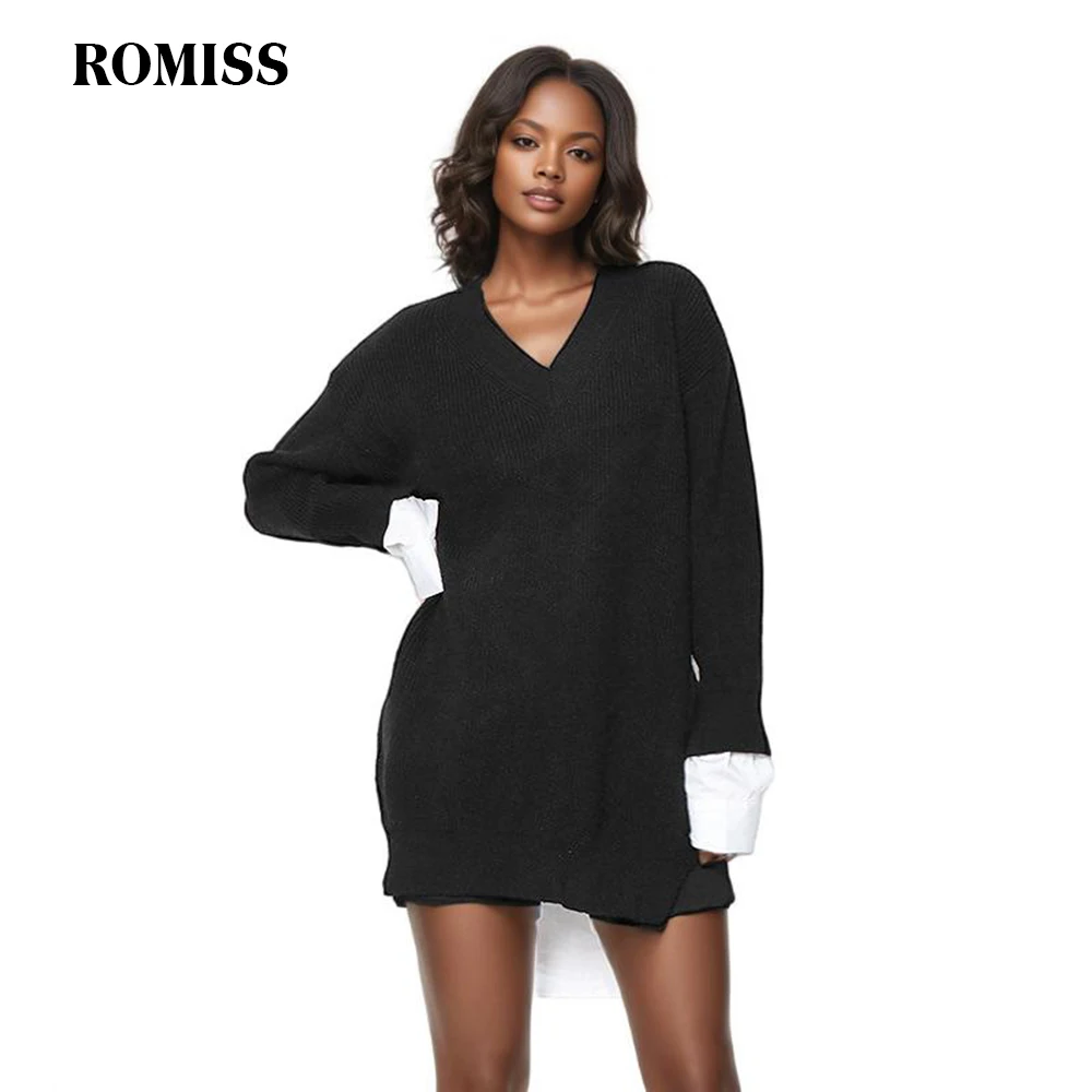 ROMISS Colorblock Minimalist Patchwork Knitted Sweater For Women V Neck Long Sleeve Loose Casual Pullover Sweaters Female