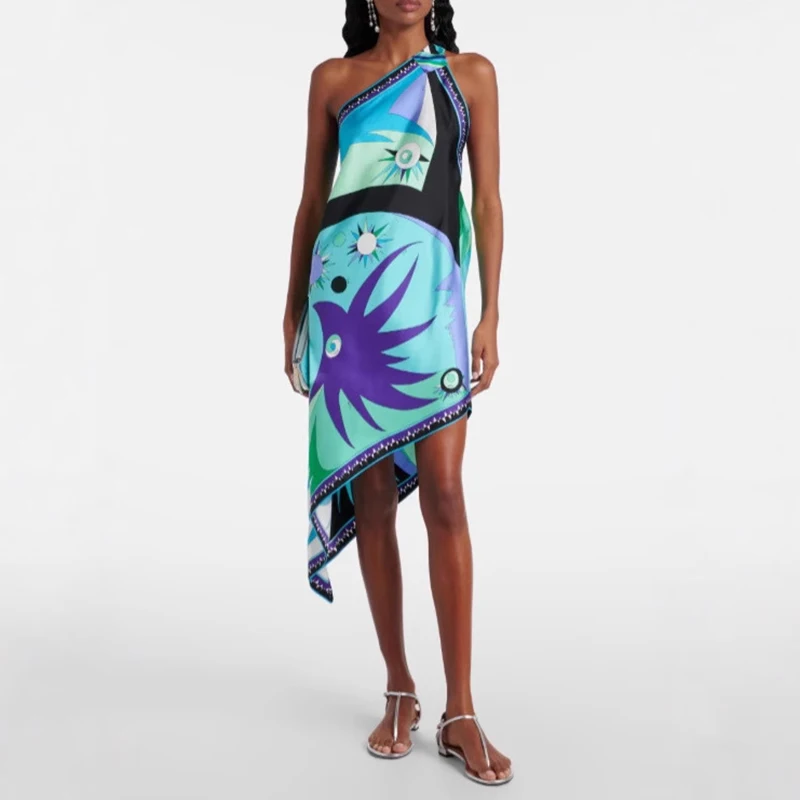 ฤดูร้อนสบายๆ Holiday Beach Dress ผู้หญิงฤดูใบไม้ผลิรูปแบบพิมพ์ซาตินชุดวินเทจเซ็กซี่ไหล่เอียง Hollow ชุดไม่สม่ําเสมอ