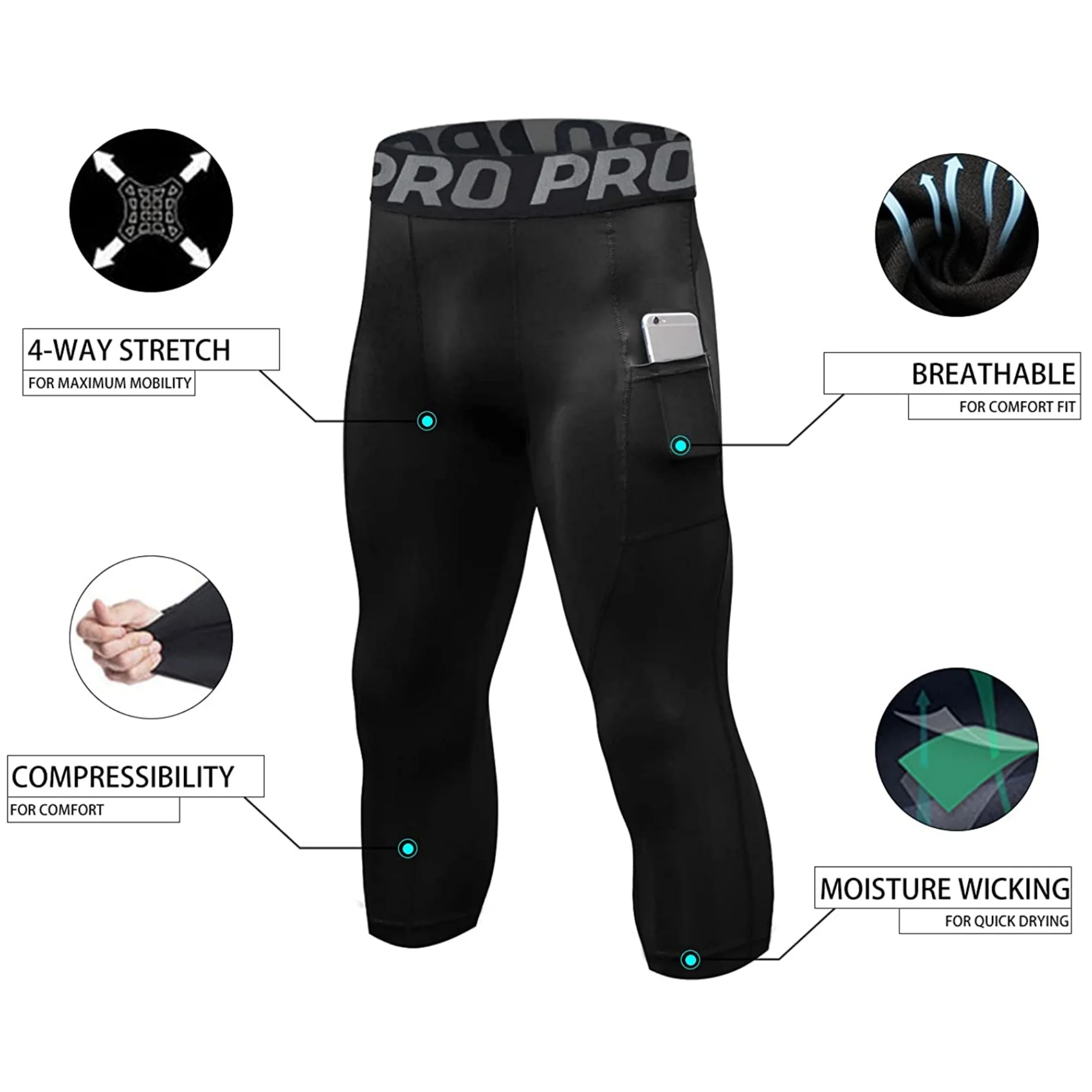 Spodnie kompresyjne dla mężczyzn legginsy Capri 3/4 Dry Fit trening bieganie sportowe rajstopy na siłownię dół z kieszeniami