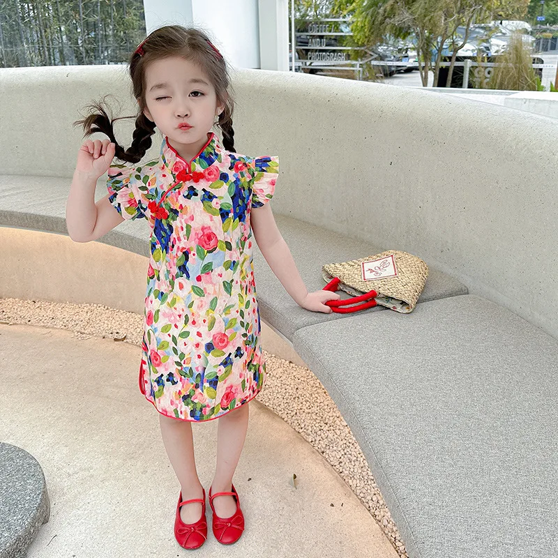 All cotton fabric girls' summer skirt Chinoiserie cheongsam children's one-piece performance dress cotton fabric