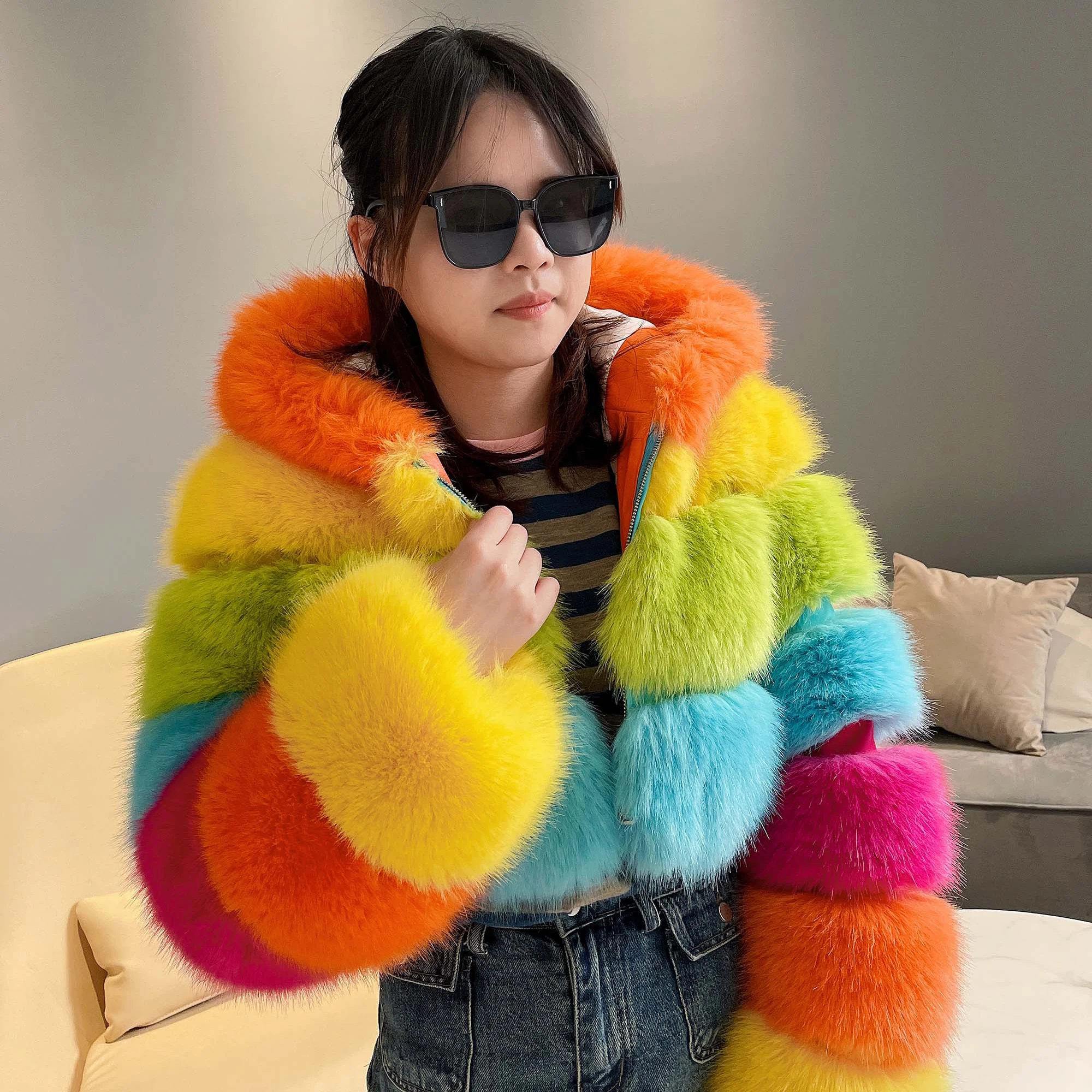 

Thick Top Quality High Simulation Fake Fox Fur 3 Rows Hooded Jacket Colorful Fur Coat