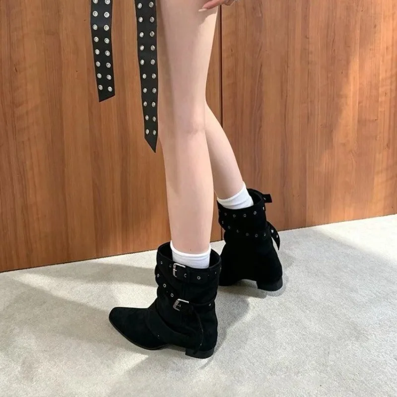 Pointed Toe Mid-Calf Boots Women, New Fall/Winter Short Boots with Chunky High Heels and Belt Buckle, Motorcycle Rider Boots