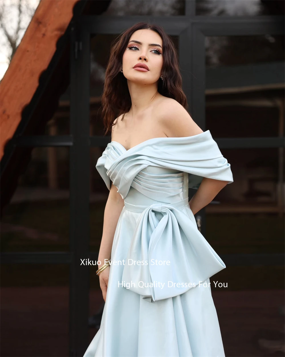 Xikuo Graceful Blue Satin Evening Dresses Off The Shoulder Party Prom Gowns Summer Long A Line Celebrity Dresses Customized
