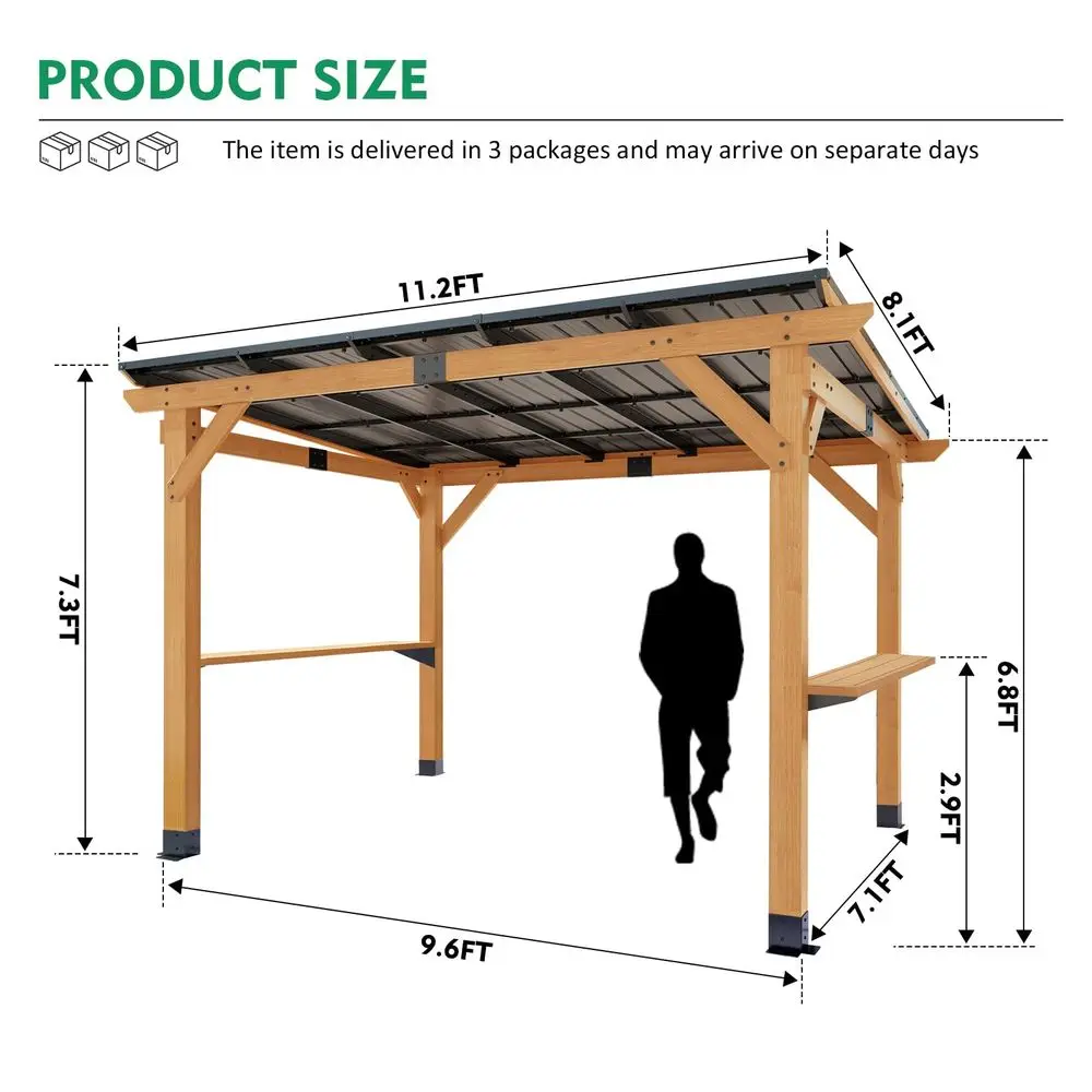 Premium 8x10 FT Cedar Wood Gazebo Heavy Duty Permanent Patio Pavilion With Thick Wooden Side Serving Shelves Galvanized Roof