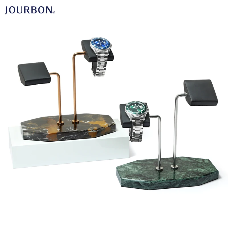 Jourbon Custom Logo Marble Base Double Top Head Holder Genuine Real PU Leather Tabletop Watch Display Stand with Gift Box