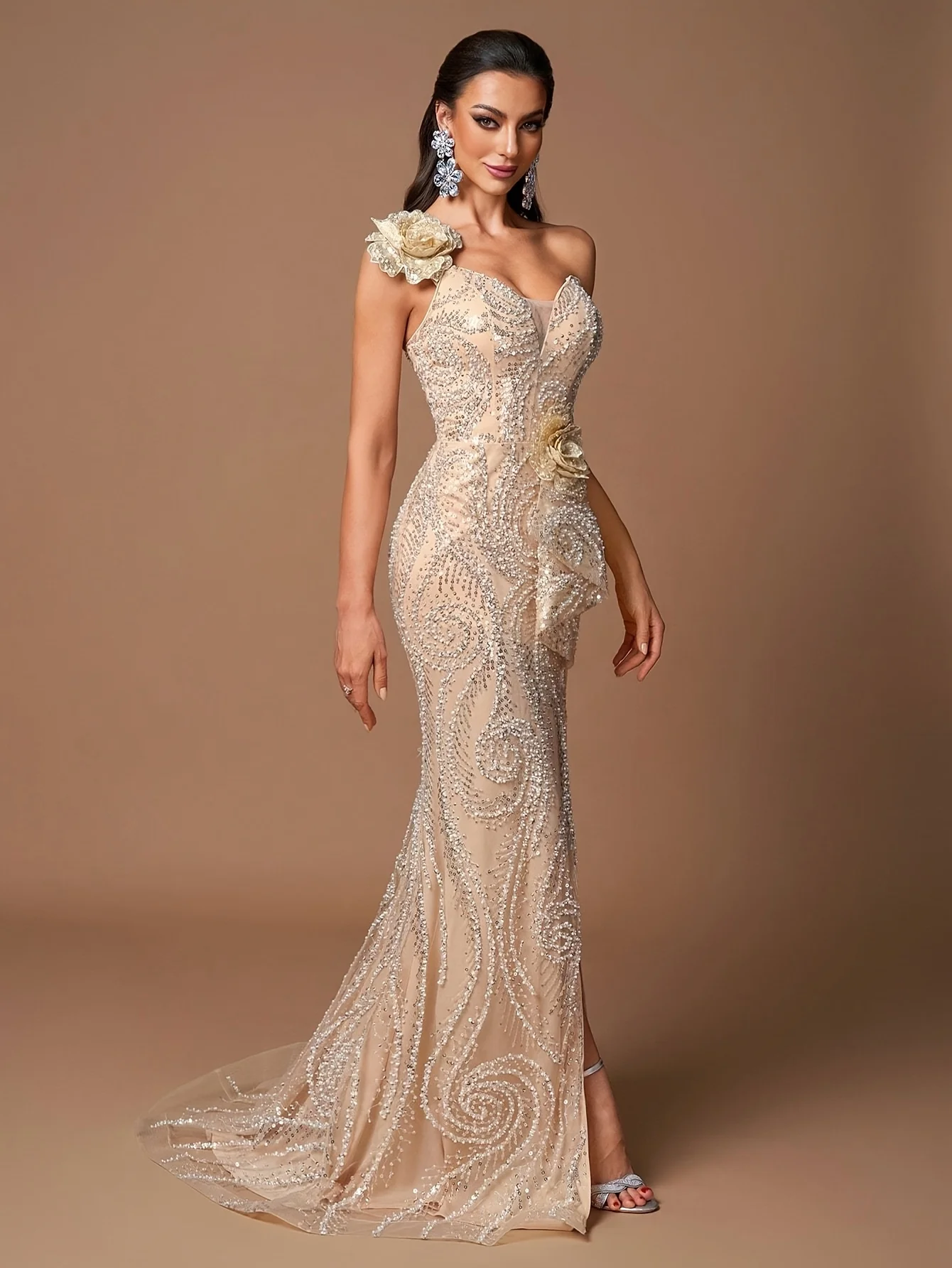 Personalize o mais recente vestido de noite feminino elegante de um ombro em 2025 com detalhes florais 3d e saia rabo de peixe com lantejoulas