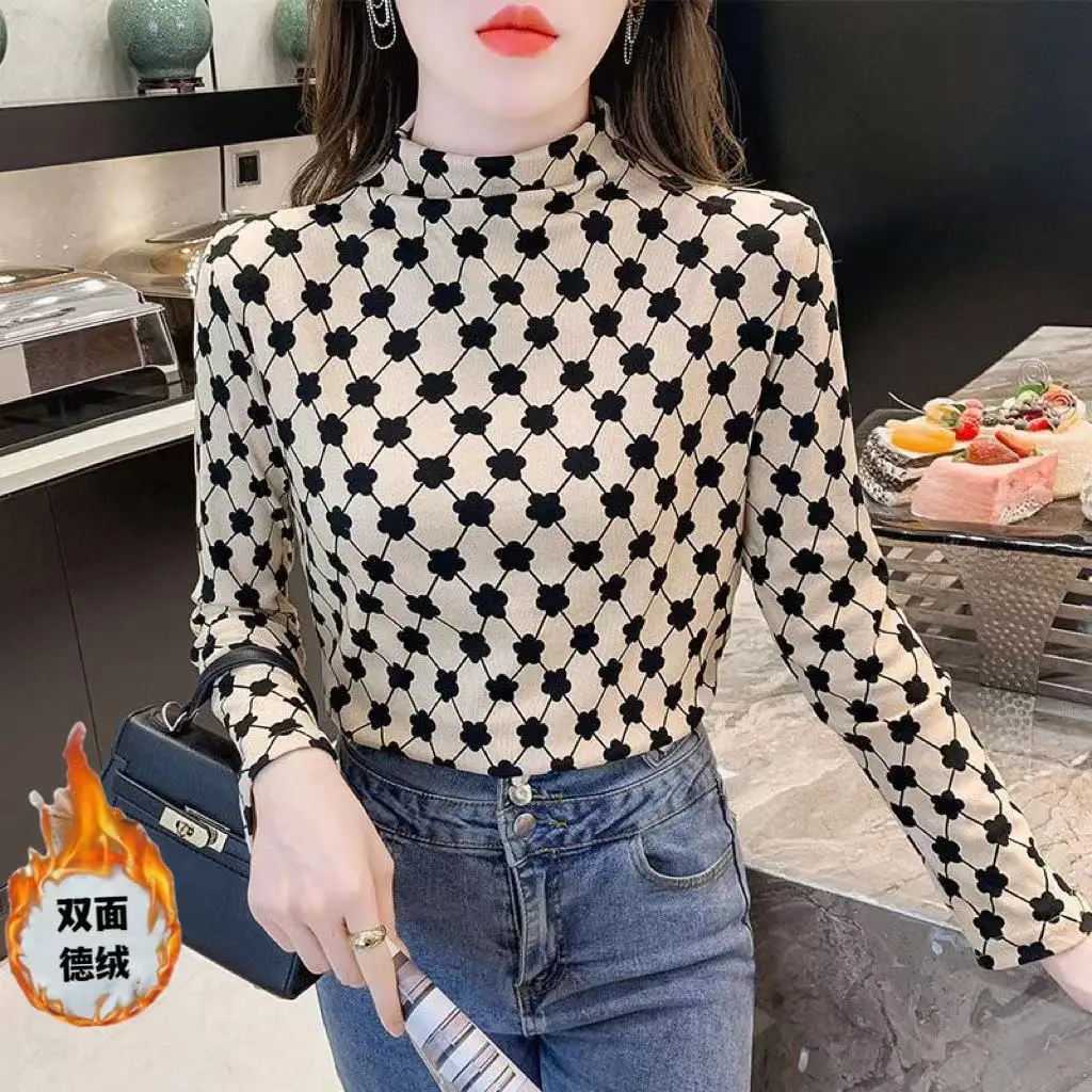 Double Faced Velvet Autumn Winter New Half High Collar Interior Lapping Warm Tops Long Sleeve T-shirt Solid Color Printed Casual