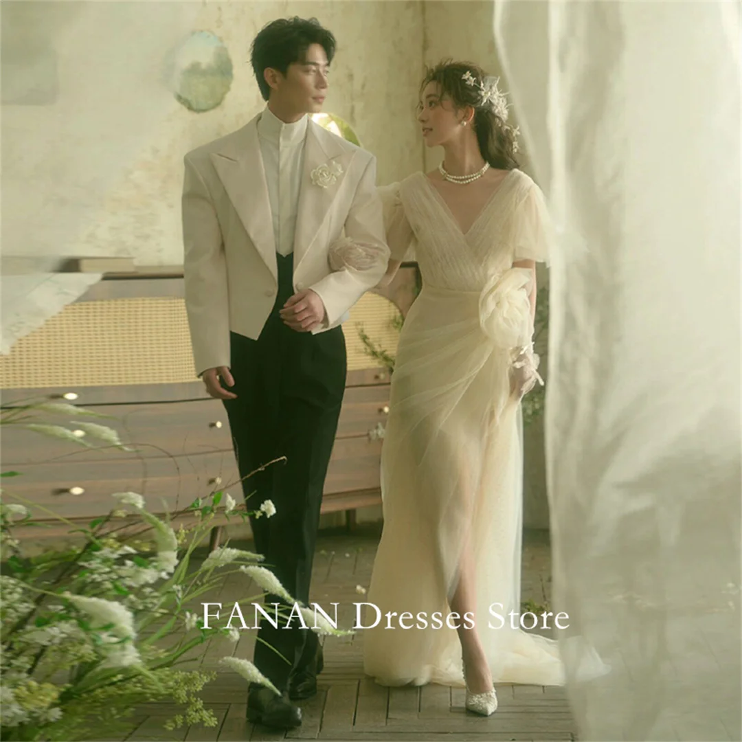 FANAN Korea V-Neck Vintage A-Line Split Wedding Dresses 웨딩드레스  Tulle Cap Sleeves Classic Custom Made Bride Gowns Plus Size