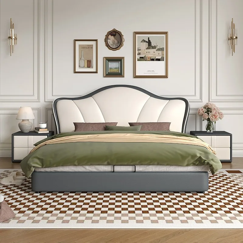 Leather art bed cream wind petal bed small apartment bedroom storage bed