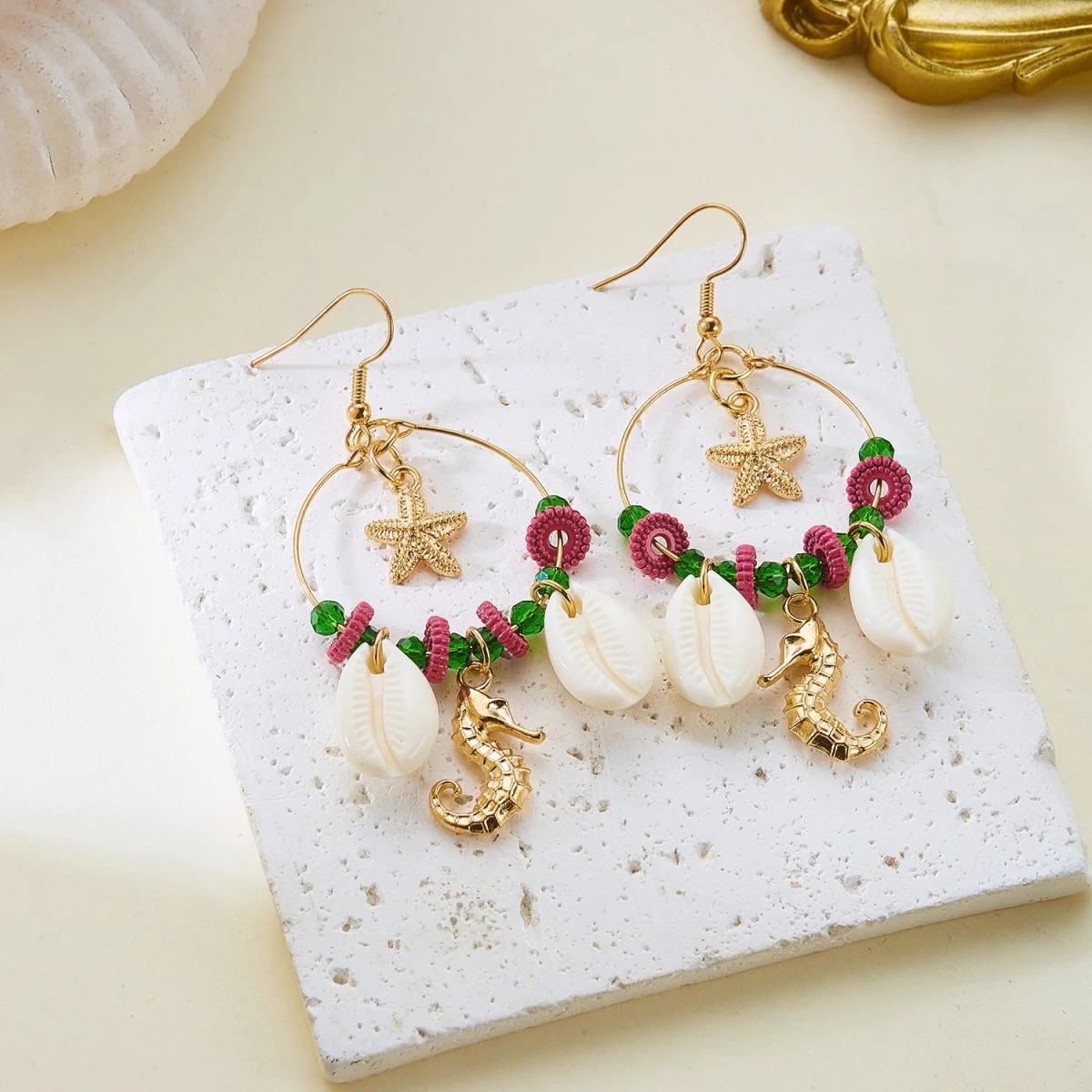 Kristall-Kreis Muschel Seestern Quasten-Ohrringe für Damen und Herren Boho Ozean Seepferdchen Ohrringe Trendiger Sommer-Strandschmuck – Detail 22