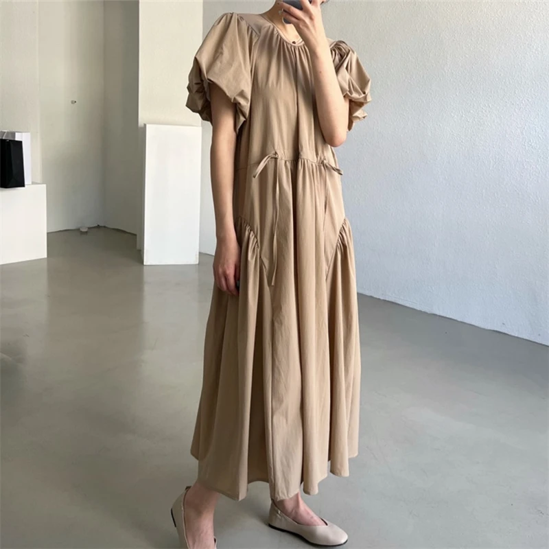 REALEFT Summer Vintage Puff Sleeve Women\'s Long Dresses 2024 New O-Neck Korean Straight Casual Loose Dresses Female