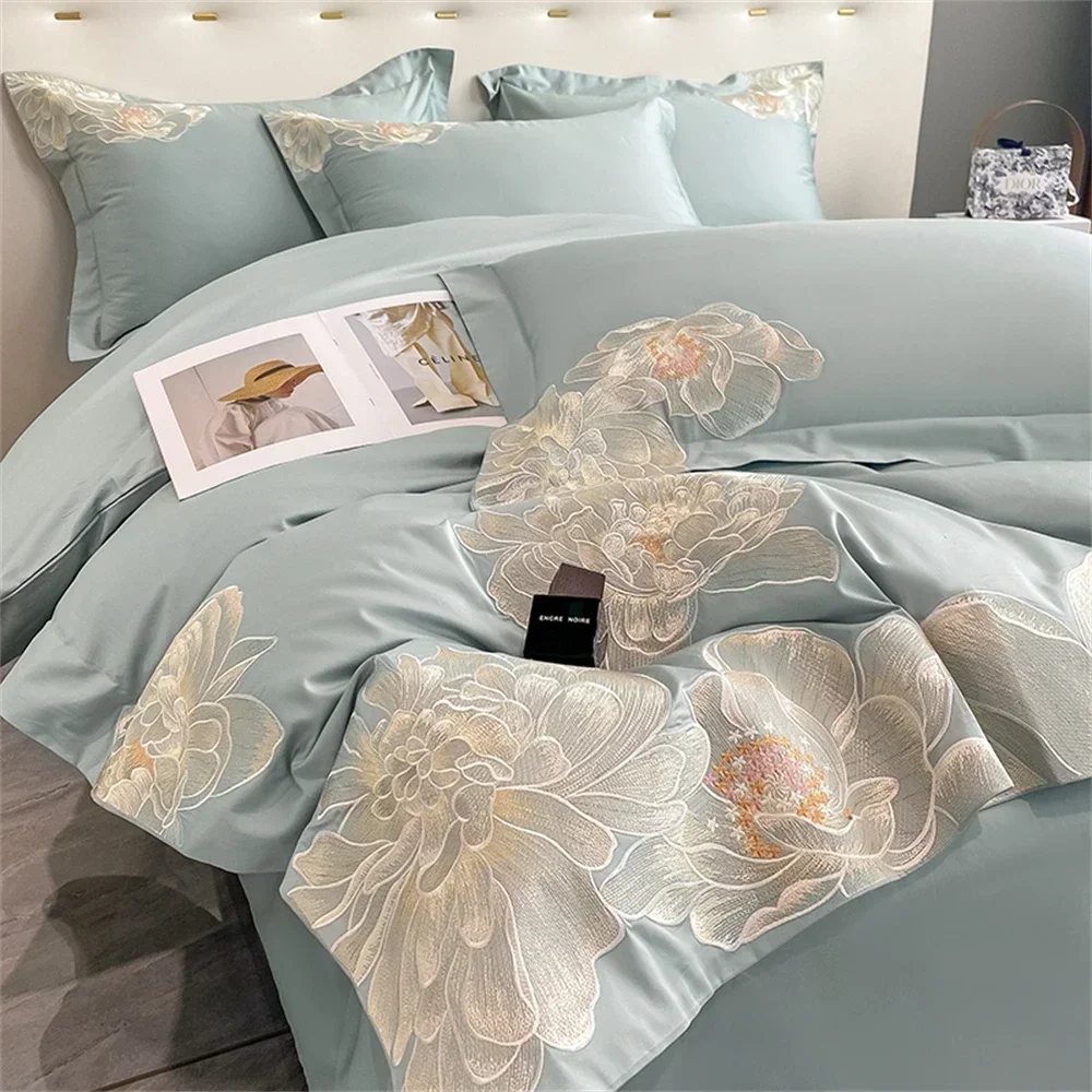 

High-End Floral Embroidery Green Red Bedding Set Luxury Egyptian Cotton Solid Duvet Cover Flat or Fitted Bed Sheet Pillowcases