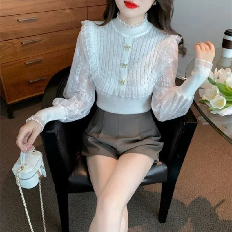 Korean Version 2024 Autumn New Fashion Splicing Half High Collar Button Gauze Chiffon Sleeve Slim Long Sleeved Knitted Tops