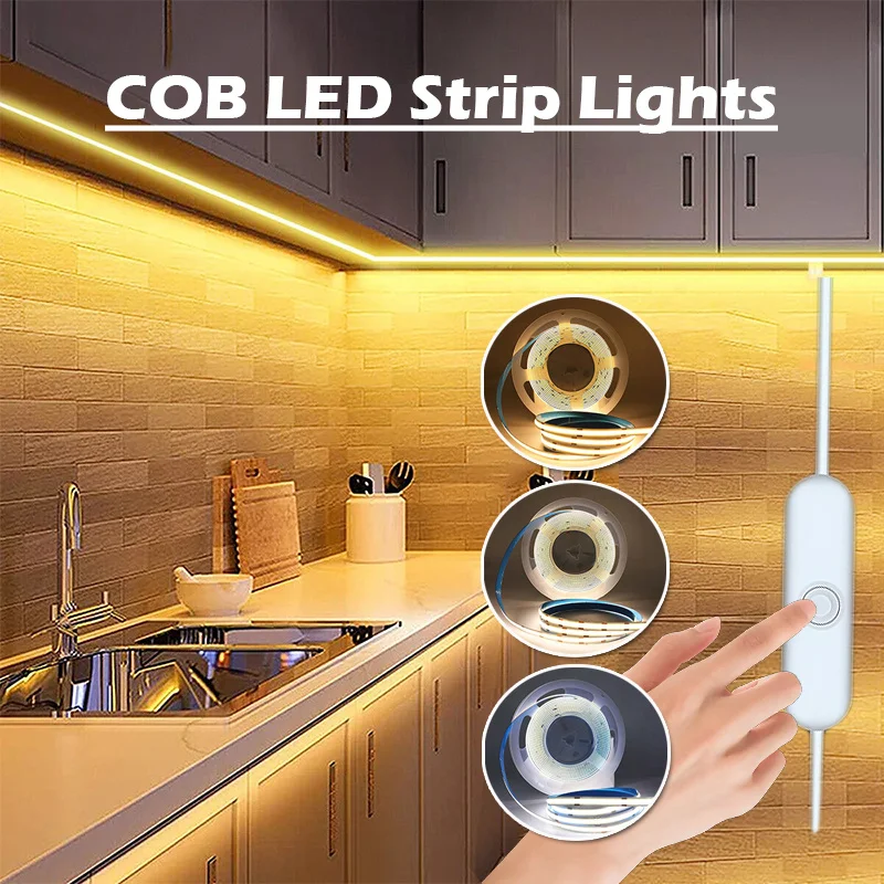 1PC Dotless COB LED Strip Light, 5V USB Powered Flexible Diode Tape with Button Control Switch, Warm & White COB Cabinet Lights