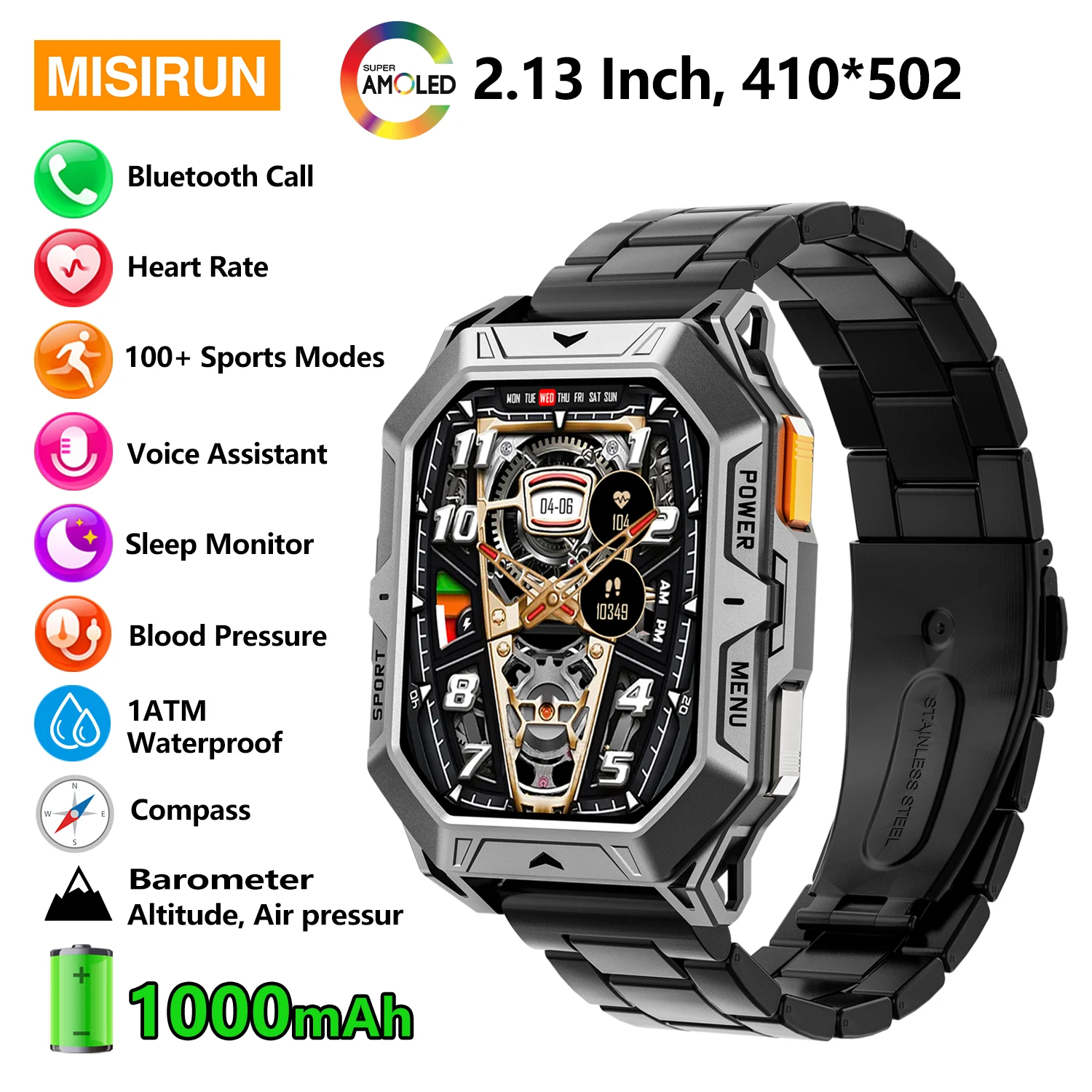 

AMOLED HD Screen Smart Watch Men 1000mAh 100-Day Standby Heart rate Outdoor Sport 1ATM Waterproof Bluetooth Call Smartwatch