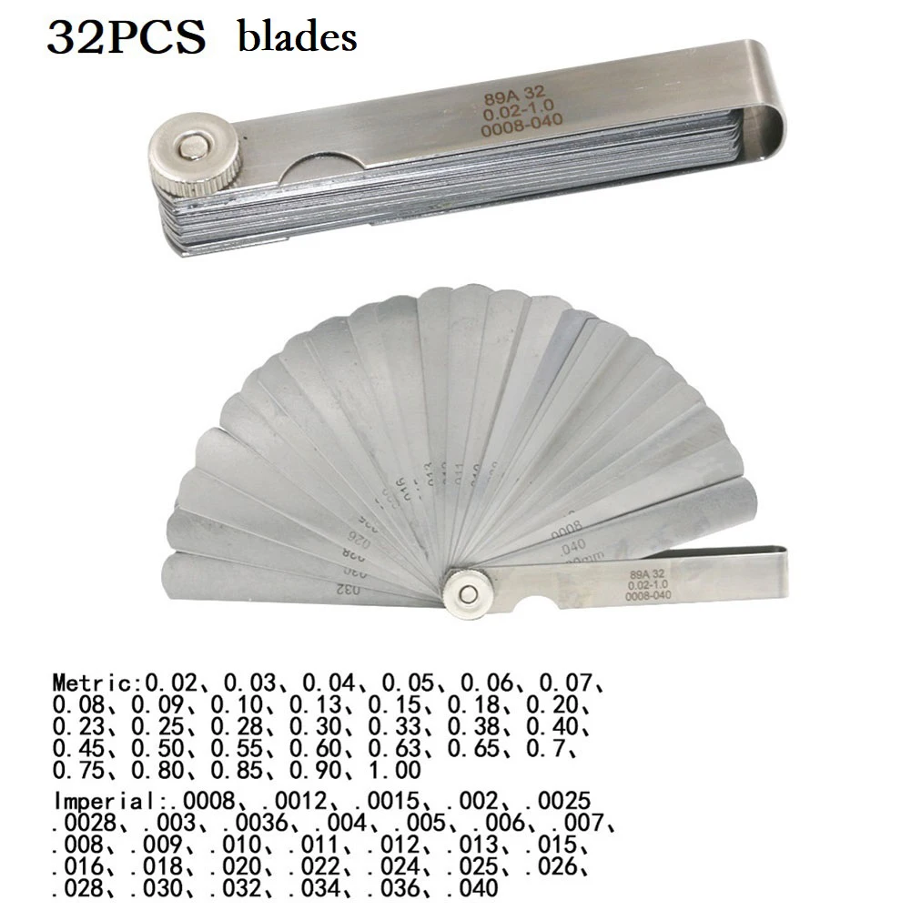 

32 Blades Feeler Gauge Stainless Steel Metric 0.02-1.00mm Gap Filler Tune Up Gauge Filler Gauge Valve Clearance Measurement Tool