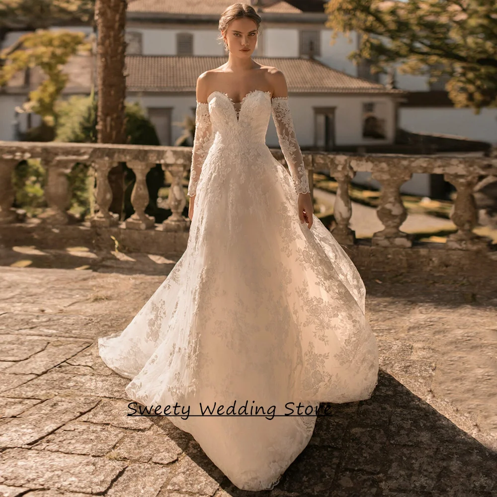 

Charming Wedding Dress Vestidos De Novia Customized Sweetheart Detachable Long Sleeve Applique Sweep Train Bridal Gown Bride