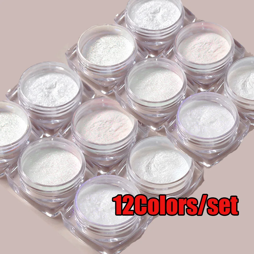 12Pcs/Set Aurora White Nail Mirror Powder 0.3g/Jar Shimmer Moonlight Chrome Pigment Dust for UV Gel Polish Manicure Decorations