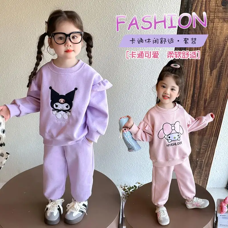 

Популярное повседневное пальто Sanrio для девочек My Melody Kuromi Kawaii, модные детские осенние топы с круглым вырезом, спортивный костюм, брюки, детский комплект