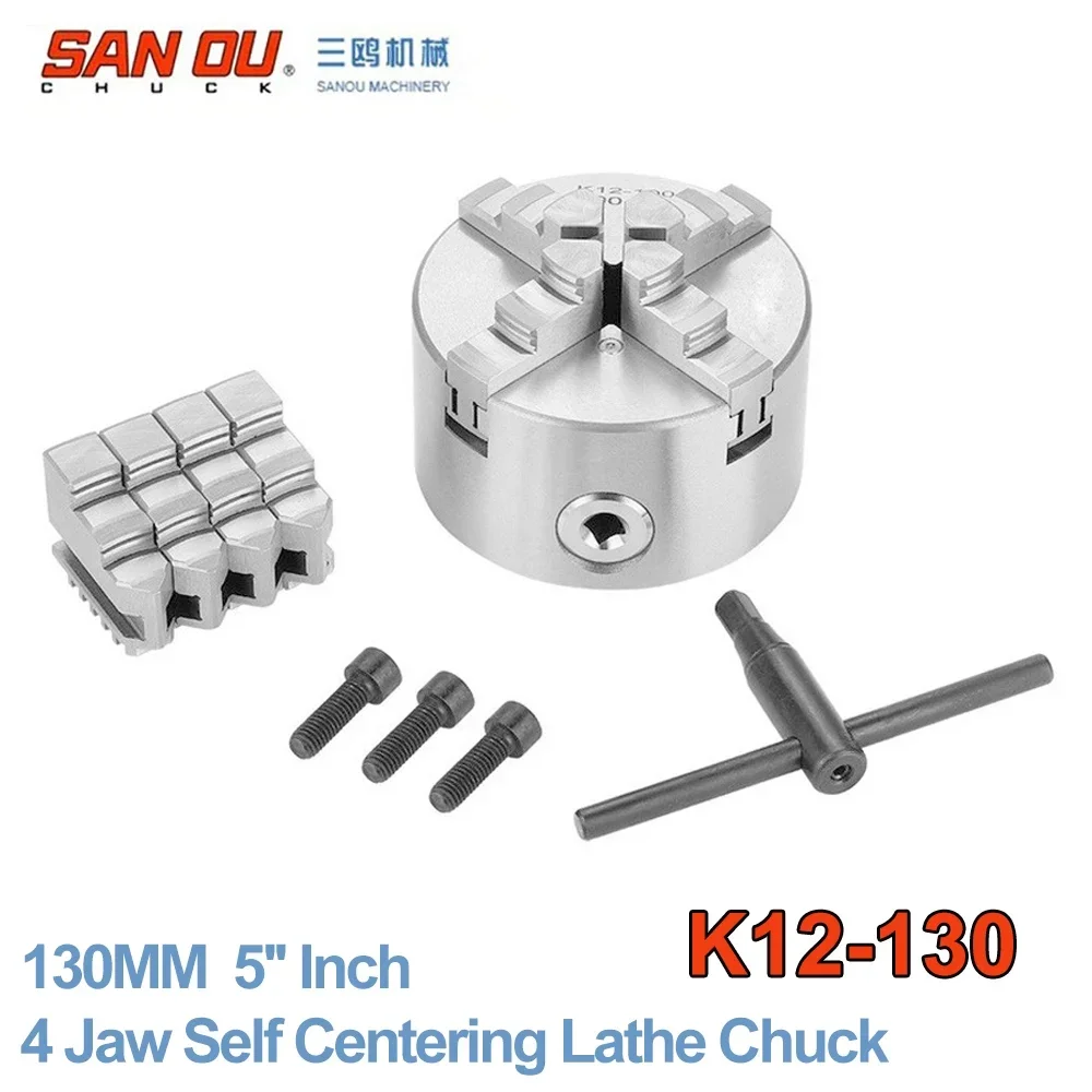 130mm 5'' Self Centering Lathe Chuck 4 Jaw SANOU K12-130 Hardened Reversible Mounting Tool for Drilling Milling woodworking