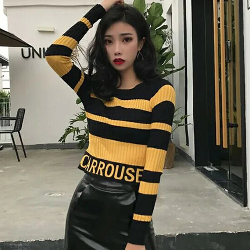 

Fashion O-Neck Slim Letter Striped Blouses Women's Clothing 2023 Autumn Winter Knitted All-match Pullovers Commuter Shirts