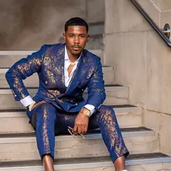 Fashion Blue Bronzing Mens Suit Double Breasted Two-pieces Coat and Trousers Business Formal Groom Tuxedo Wedding Suits