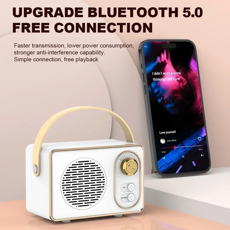 Portable Wireless Speaker with TWS Music Player Hifi Stereo Cute Mini Speaker with FM Radio TF USB Retro Bluetooth Speaker