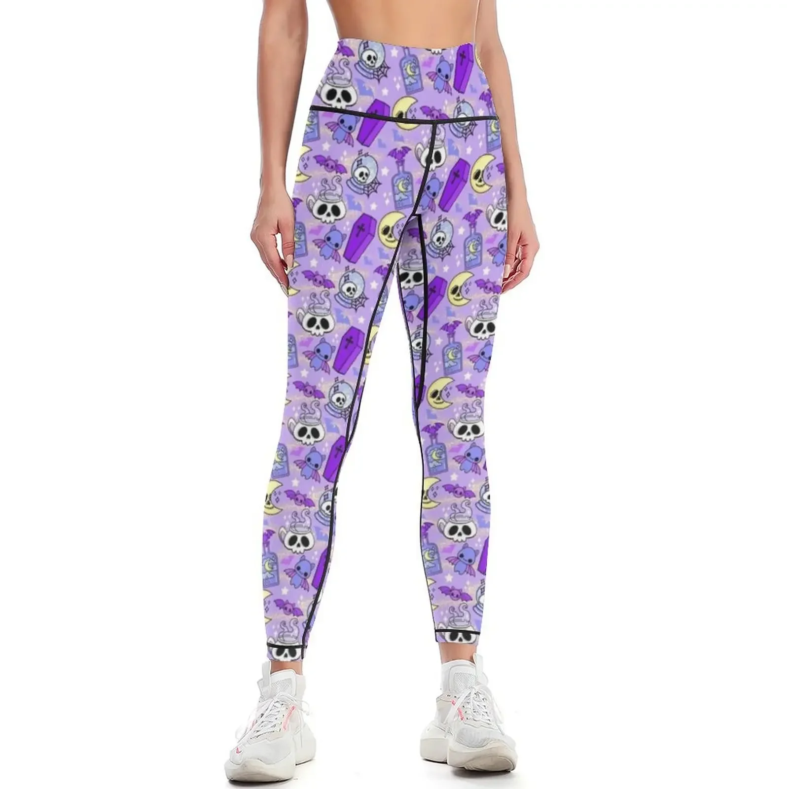 

Pastel Goth Halloween Crystal Ball Skull Coffee Moon Celestial Bat Kawaii Coffin Leggings sports for gym Womens Leggings
