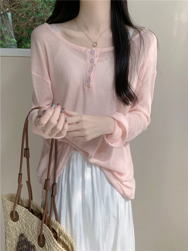 핑크 발롱스 베 아이스 실크 니트 여성 여름 얇은 아우터웨어 자외선 차단 에어컨 커버업 세미트렌디