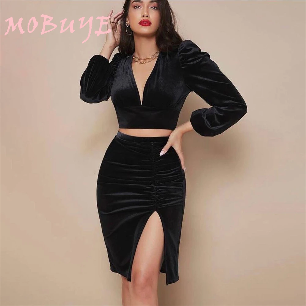 MOBUYE 2024 Popular V Neckline Prom Dress Short-Length With Long Sleeves Evening Fashion Elegant Party Dress For Women