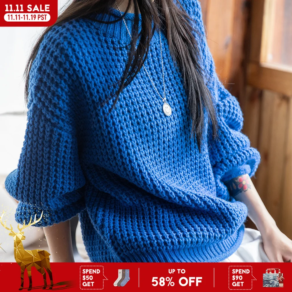 

Maden Женский трикотажный свитер цвета василька 2024 новый осенне-зимний сезон длинные рукава свернутый воротник теплая вязаная кофта на пуговицах