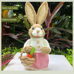 Easter Bunny Ornaments 2025 Straw Rabbits  With Radishes Easter Decoration13.7 inch Toys For Home,Shopping Mall,Gardening Decor